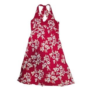 LOFT 6 Red Floral 100% Silk Halter Midi Dress Tropical‎ Resort 90s Vacation Bias